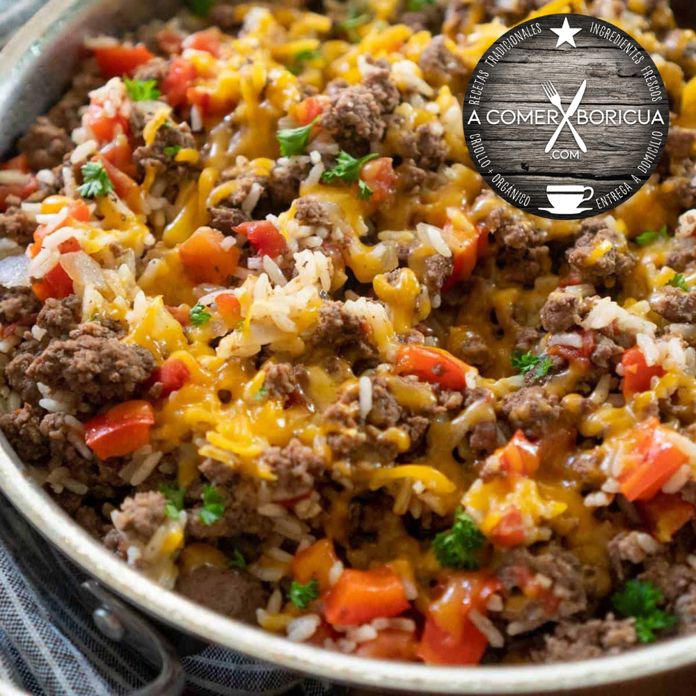 GROUND BEEF ANGUS SKILLET W/ TOMATO AND CHEESE SALSA & SEASONAL VEGGIES Y ARROZ THAI ON SIDE