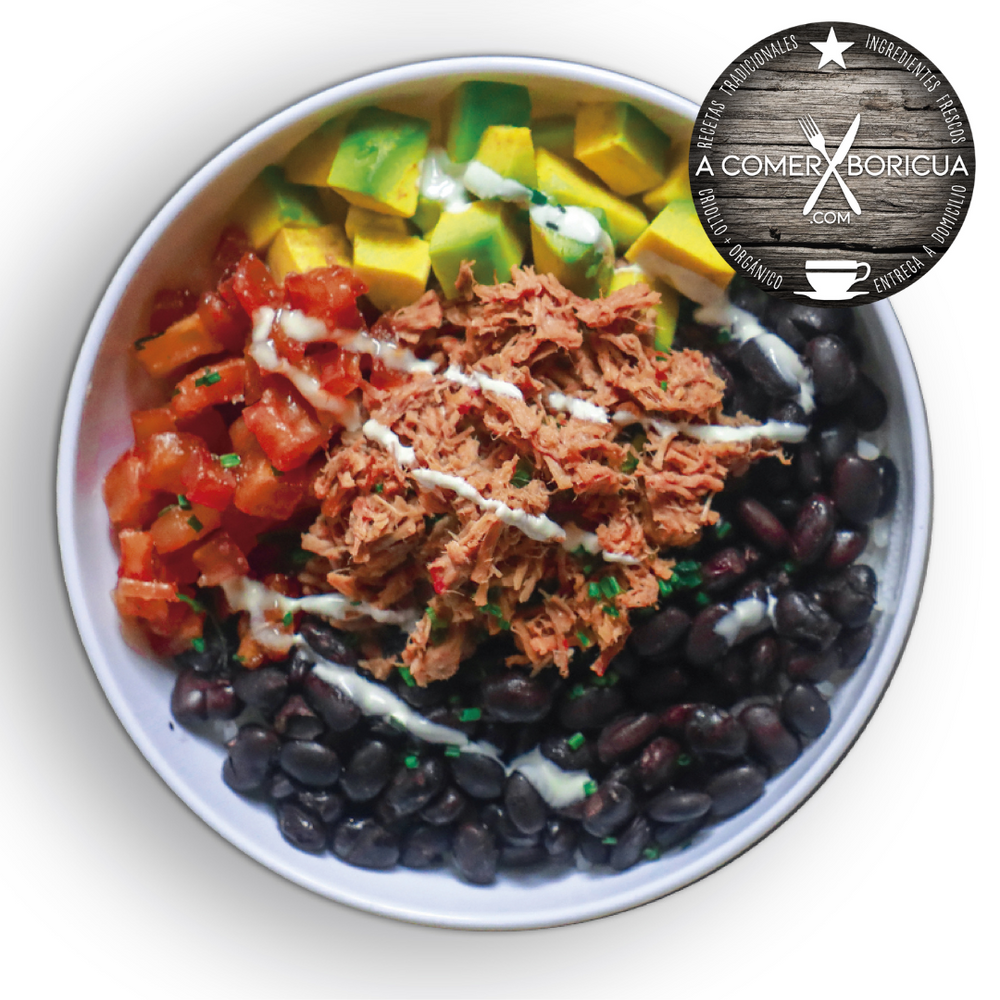 CARIBBEAN POKE W/ NEGRITAS-PERNIL GUISADO-TOMATES & AGUACATE MASH